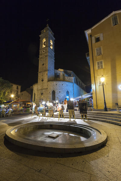 Night view of the ancient church and square of the old town Porto Vecchio Corsica France Europe