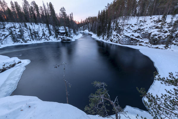 The snowy woods framed by frozen water and blue lights of dusk Juuma Myllykoski Lapland region Finland Europe