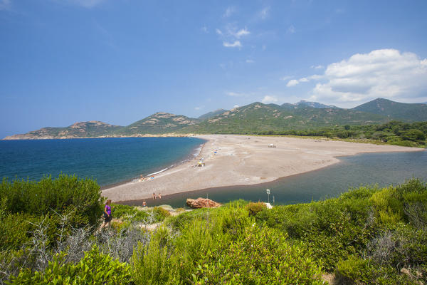 Turquoise sea and beach framed by green vegetation in summer Porto Southern Corsica France Europe
