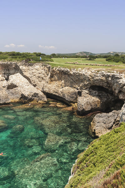 Summer view of the crystal turquoise sea and the golf course on cliffs Sperone Bonifacio South Corsica France Europe