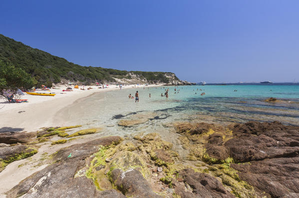 Bathers in the clear sea surrounded by the promontory enriched by green vegetation Sperone Bonifacio South Corsica France Europe