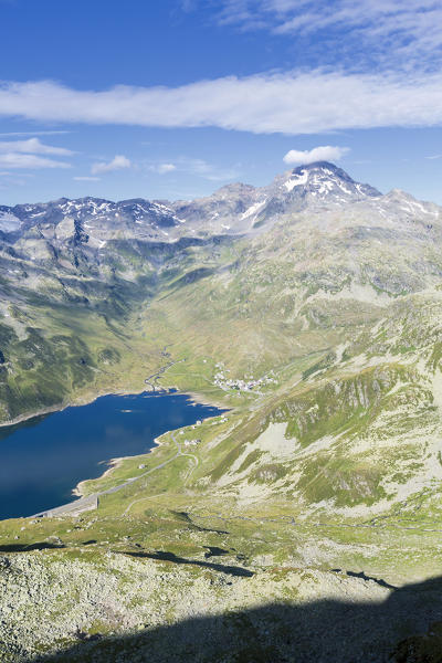 Top view of the blue Lake Montespluga and the rocky Peak Tambò in summer Chiavenna Valley Valtellina Lombardy Italy Europe