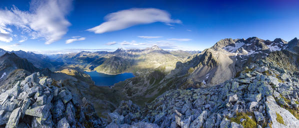 Panorama of Lake Montespluga framed by the rocky peaks Ferrè Tambò and Suretta Chiavenna Valley Valtellina Lombardy Italy Europe
