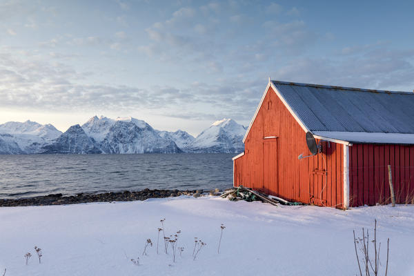 Blue sky on the wooden huts called Rorbu framed by frozen sea and snowy peaks Djupvik Lyngen Alps Tromsø Norway Europe