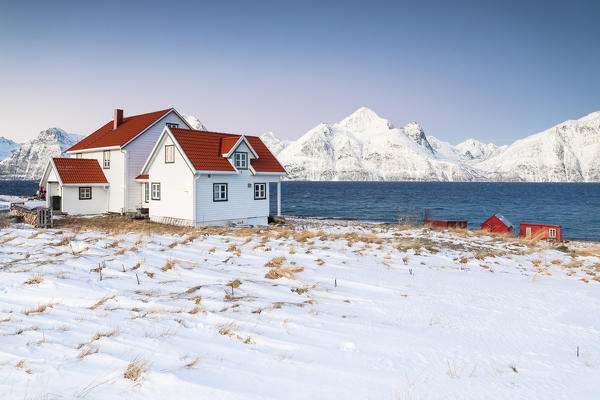 Blue sky on the wooden huts called Rorbu framed by frozen sea and snowy peaks Djupvik Lyngen Alps Tromsø Norway Europe