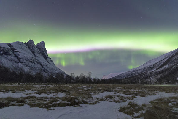 The snowy peak of Otertinden framed by the Northern Lights in the polar night Oteren Lyngen Alps Tromsø Norway Europe