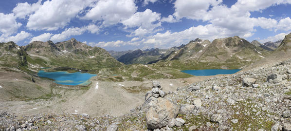 Panorama of the turquoise lakes framed by rocky peaks Joriseen Jörifless Pass canton of Graubünden Engadin Switzerland Europe