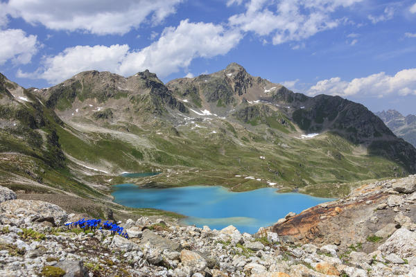 The colorful flowers on rocks frame the turquoise lake Joriseen Jörifless Pass canton of Graubünden Engadin Switzerland Europe