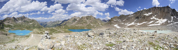 Panorama of the turquoise lakes framed by rocky peaks Joriseen Jörifless Pass canton of Graubünden Engadin Switzerland Europe