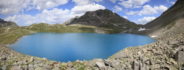 Panorama of the turquoise lake framed by rocky peaks Joriseen Jörifless Pass canton of Graubünden Engadin Switzerland Europe