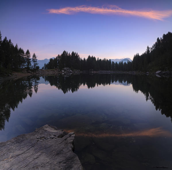 Panorama of the clear water of Lago Azzurro at dawn Motta Madesimo Spluga Valley Sondrio Valtellina Lombardy Italy Europe