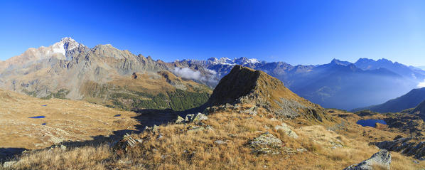 Panorama of Mount Disgrazia Bernina Group peak Scalino in autumn Val Torreggio Malenco Valley Valtellina Lombardy Italy Europe