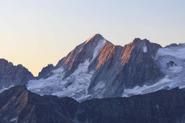 Rocky peak of Cima Presanella seen from Monte Tonale at dawn Valcamonica border Lombardy and Trentino Alto Adige Italy Europe