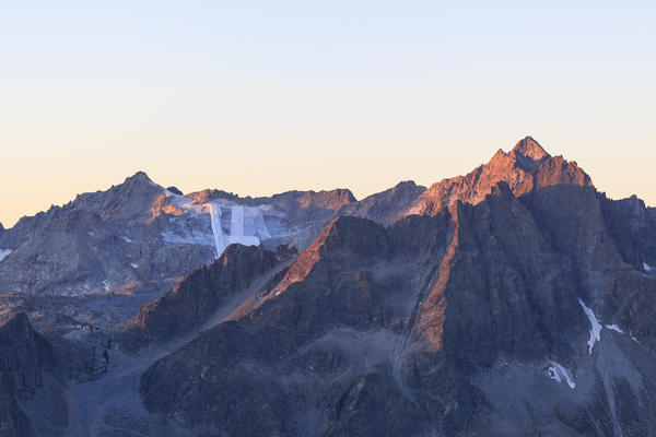 View of the Presena glacier and rocky peaks at dawn Valcamonica border Lombardy and Trentino Alto Adige Italy Europe