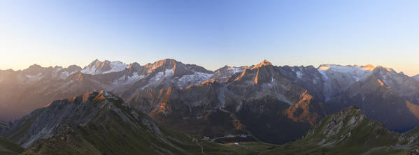 Panorama of Cima Presanella and glaciers Presena and Pisgana Valcamonica border Lombardy and Trentino Alto Adige Italy Europe