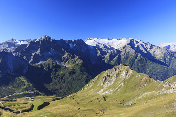 Sun on glaciers Presena and Pisgana seen from pass Tonale Valcamonica border of Lombardy and Trentino Alto Adige Italy Europe