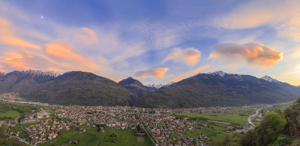 Panorama of the town of Morbegno at sunset province of Sondrio Lombardy Valtellina Italy Europe