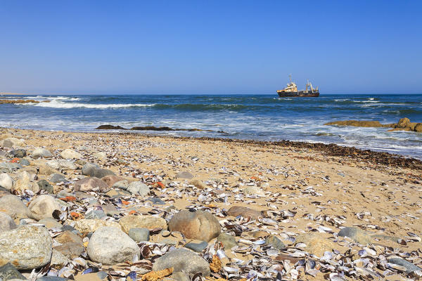 Ship in the ocean  framed by shells and rocks on the sand shore Walvis Bay Namib Desert Erongo Region Namibia Southern Africa