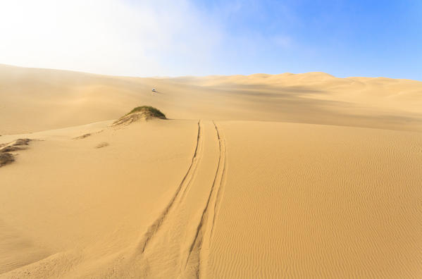 Traces of the Jeep on the sand dunes modeled by wind Walvis Bay Namib Desert Erongo Region Namibia Southern Africa