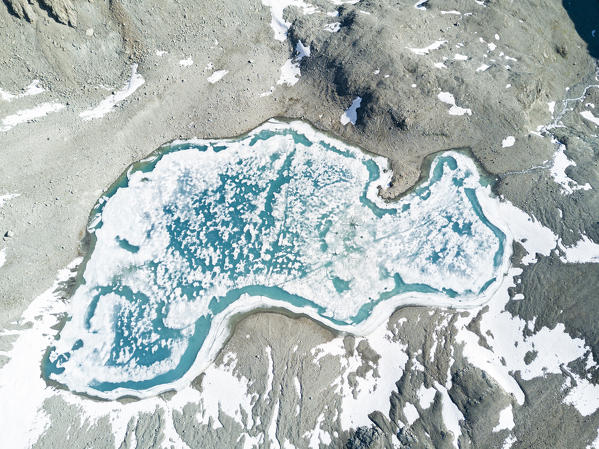 Aerial view of  Lej Lagrev during the thaw, St. Moritz, Engadine, canton of Graubünden, Switzerland, Europe