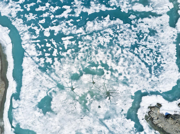 Aerial view of  Lej Lagrev during the thaw, St. Moritz, Engadine, canton of Graubünden, Switzerland, Europe