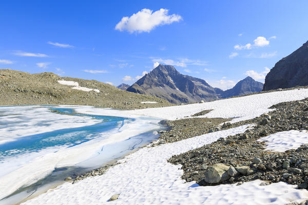 Lej Lagrev during the thaw, St. Moritz, Engadine, canton of Graubünden, Switzerland, Europe