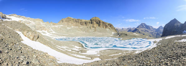 Panoramic of Lej Lagrev during the thaw, St. Moritz, Engadine, canton of Graubünden, Switzerland, Europe