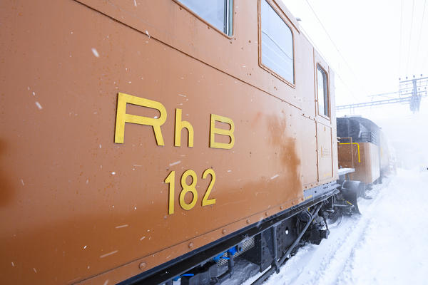 Details of the snowplow of Bernina Express train, Ospizio Bernina, Poschiavo, canton of Graubünden, Engadin, Switzerland