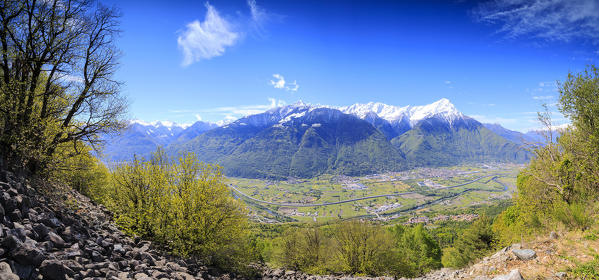 Panoramic of Rhaetian Alps in spring from Prati Nestrelli, Civo, province of Sondrio, Valtellina, Lombardy, Italy, Europe