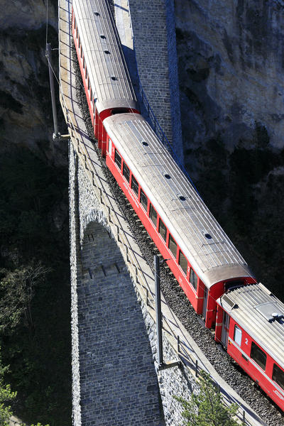 Bernina Express train on Landwasser Viadukt, Filisur, Albula Region, canton of Graubünden, Switzerland, Europe