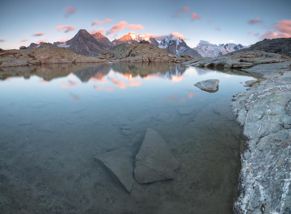 Pink clouds at sunset on Piz Bernina, Fuorcla Surlej, Corvatsch, canton of Graubünden, Engadine, Switzerland