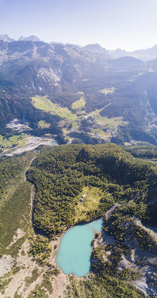 Panoramic of turquoise Lago Lagazzuolo from drone, Chiesa In Valmalenco, Province of Sondrio, Valtellina, Lombardy, Italy