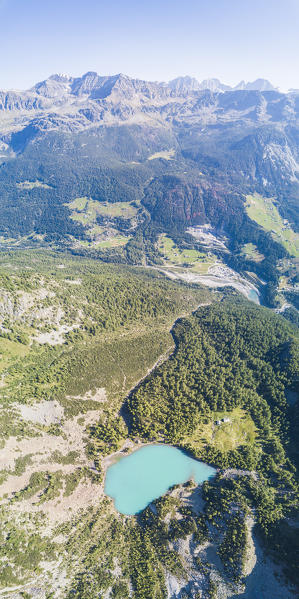 Panoramic of Lago Lagazzuolo from drone, Chiesa In Valmalenco, Province of Sondrio, Valtellina, Lombardy, Italy