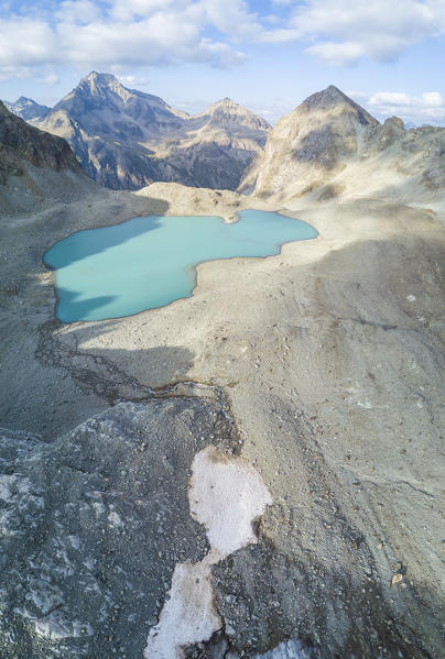 Panoramic of Lej Lagrev seen from drone, Silvaplana, canton of Graubünden, Engadine, Switzerland