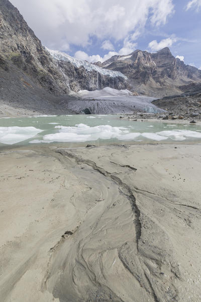 The glacial lake at the foot of Fellaria Glacier, Malenco Valley, Valtellina, Lombardy, Italy