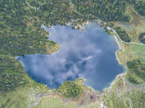 Aerial view of Lake Cavloc surrounded by woods, Maloja Pass, Bregaglia Valley, canton of Graubünden, Engadine,Switzerland