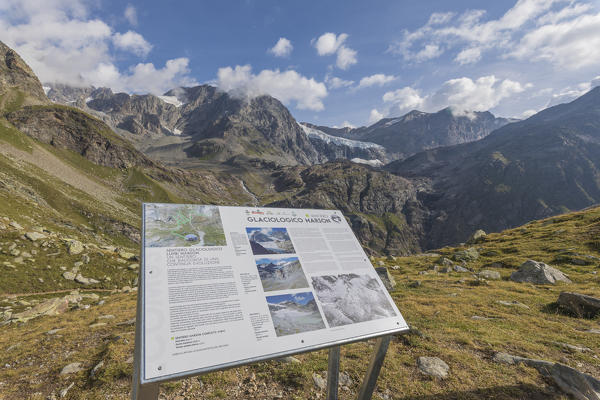 Information signboard about the Sentiero Glaciologico of Fellaria Glacier, Malenco Valley, Valtellina, Lombardy, Italy