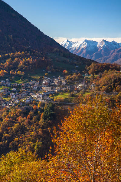 The bright colors of the  autumn painting the landscape surrounding the small village of Sacco Orobie Alps, Valtellina, Sondrio, Lombardy, Italy Europe