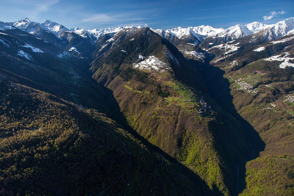 Aerial view of the Bitto valley, Albaredo valley and Gerola valley. In the middle of the image the small village of Bema Orobie natural park, Valtellina, Sondrio, Lombardy, Italy Europe