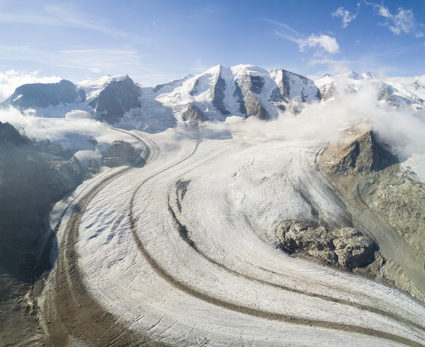 Panoramic aerial view of the Diavolezza and Pers glaciers, St.Moritz, canton of Graubünden, Engadine, Switzerland