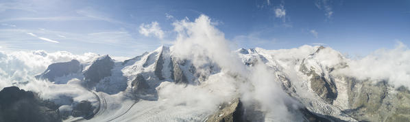 Panoramic aerial view of the Diavolezza and Pers glaciers, St.Moritz, canton of Graubünden, Engadine, Switzerland