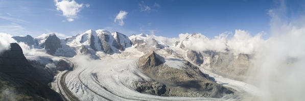 Panoramic aerial view of the Diavolezza and Pers glaciers, St.Moritz, canton of Graubünden, Engadine, Switzerland