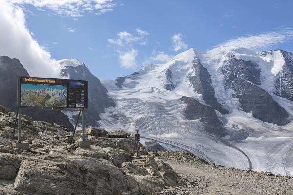 Overview of Pers and Diavolezza glaciers from Hotel Berghaus Diavolezza, Pontresina, canton of Graubünden, Engadine, Switzerland