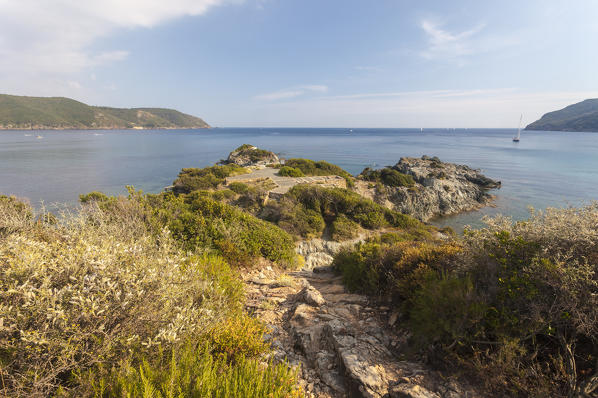 Overview of blue sea from the inland, Lacona, Capoliveri, Elba Island, Livorno Province, Tuscany, Italy