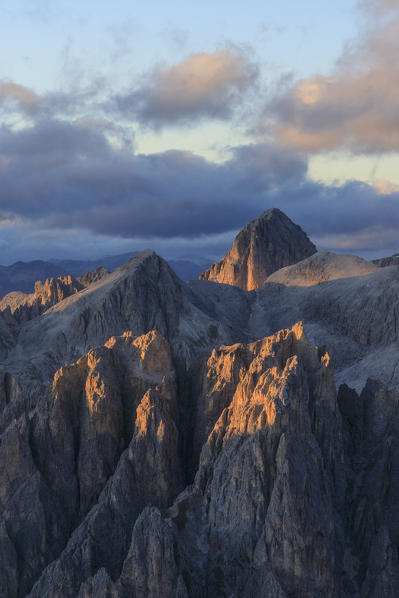 Aerial view of Catinaccio Group (Rosengarten) at sunset, Dolomites, South Tyrol, Italy