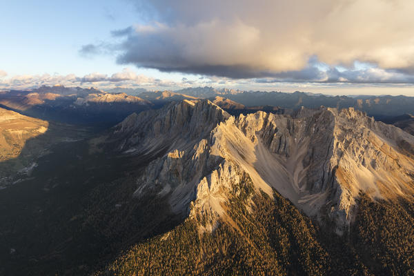 Aerial view of the rocky peaks of Latemar at sunset, Dolomites, South Tyrol, Italy