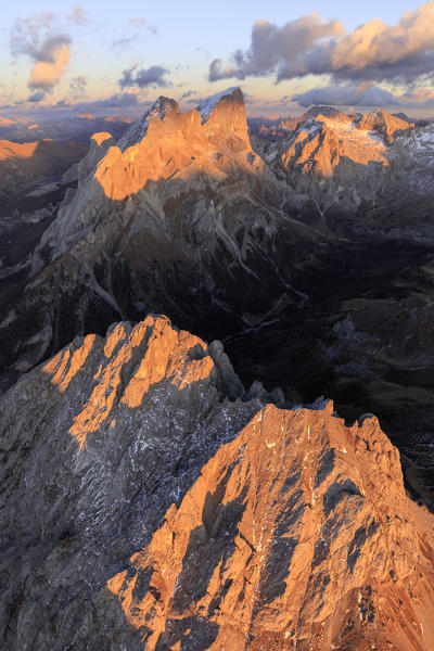 Aerial view of Colac, Gran Vernel and Marmolada, Dolomites, Trentino Alto Adige, Italy