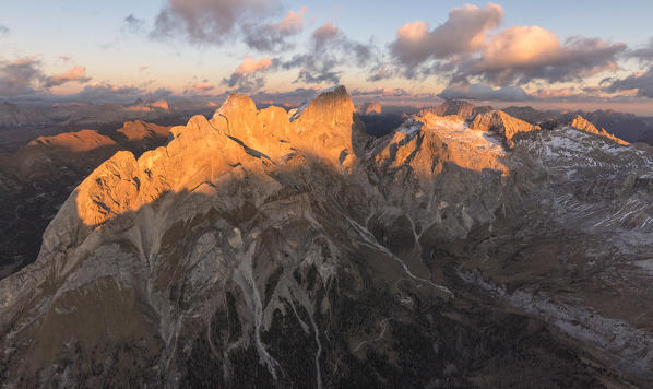 Aerial view of Marmolada, Gran Vernel, Sasso Vernale and Cima Ombretta, Dolomites, Trentino Alto Adige, Italy