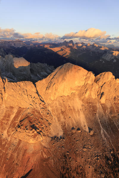 Aerial view of the rocky peaks of Roda Di Vael at sunset, Catinaccio Group (Rosengarten), Dolomites, South Tyrol, Italy