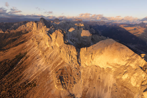 Aerial view of Roda Di Vael at sunset, Catinaccio Group (Rosengarten), Dolomites, South Tyrol, Italy
